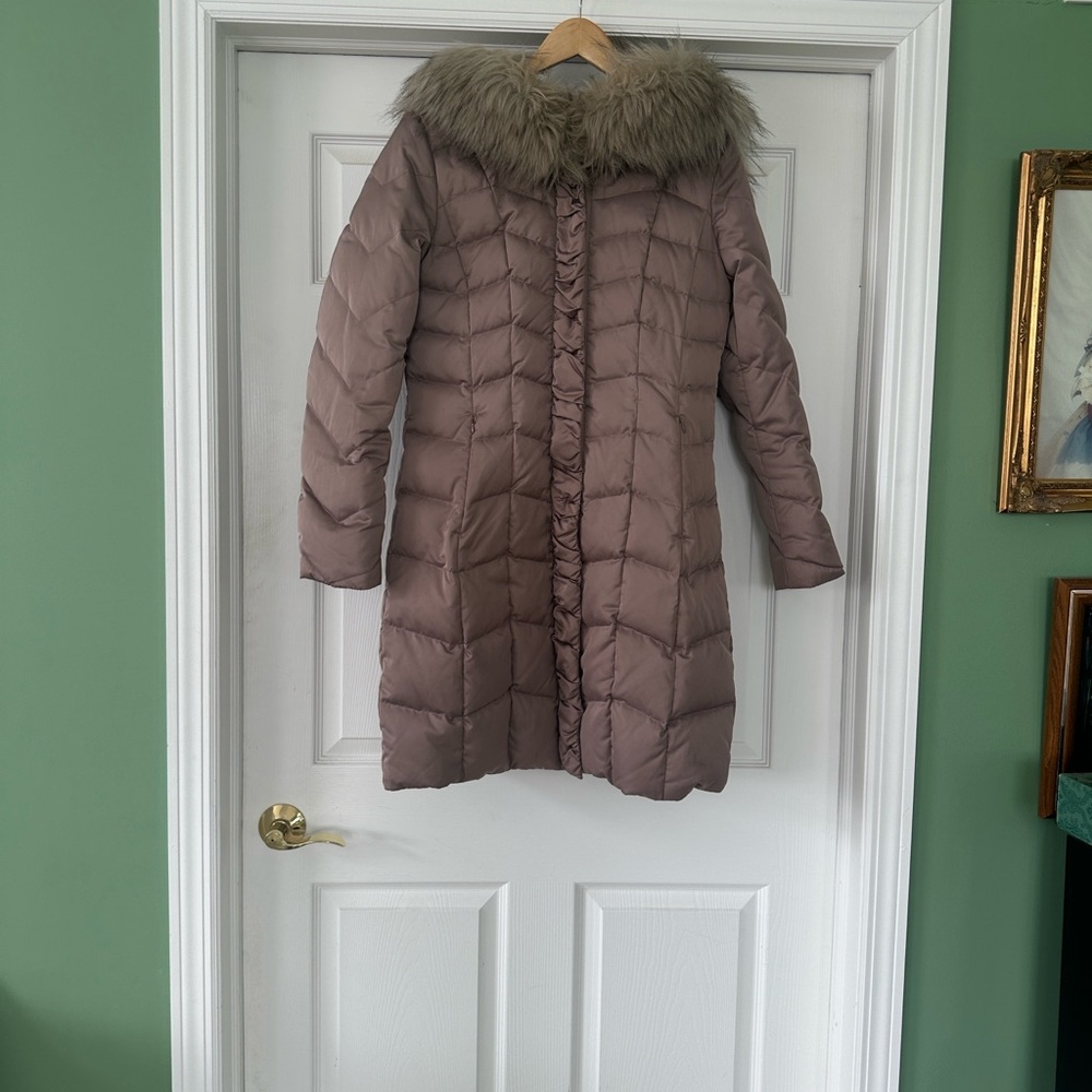 Women's Tahari Mauve Puffer Coat with Faux Fur Hood